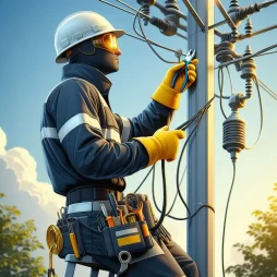 Un hombre ocupando un slack de gabardina con huincha reflectante mientras trabaja en un poste de luz